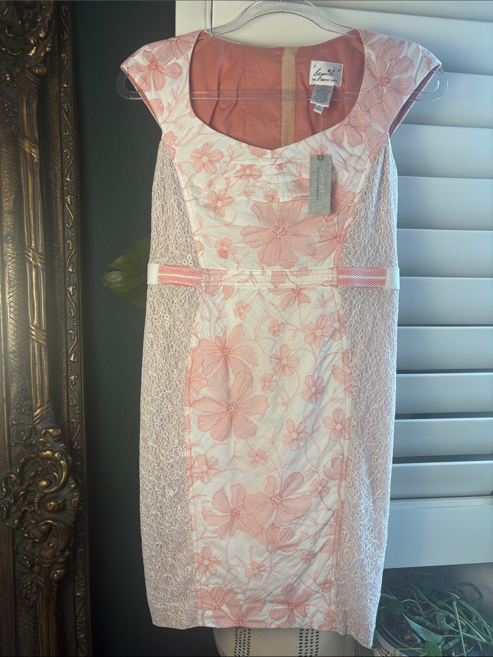 Beguile by Byron Lars from Anthropologie Coral Lace Button Back Sheath Dress 0P